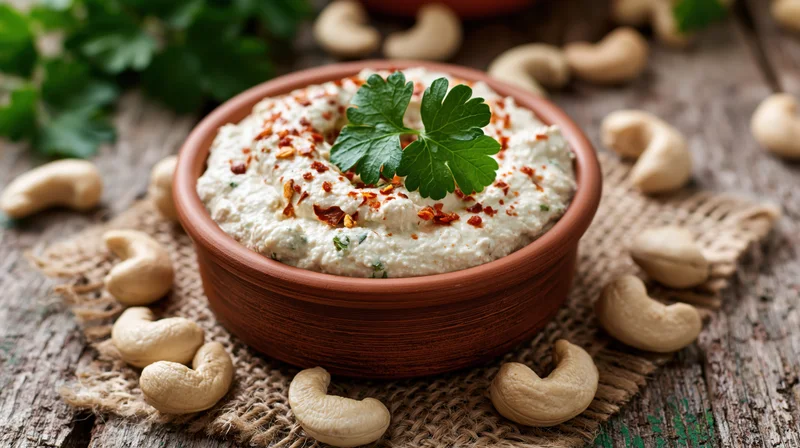 Cashew cream cheese in a terracotta bowl garnished with parsley and chili flakes on a wooden surface with scattered cashews