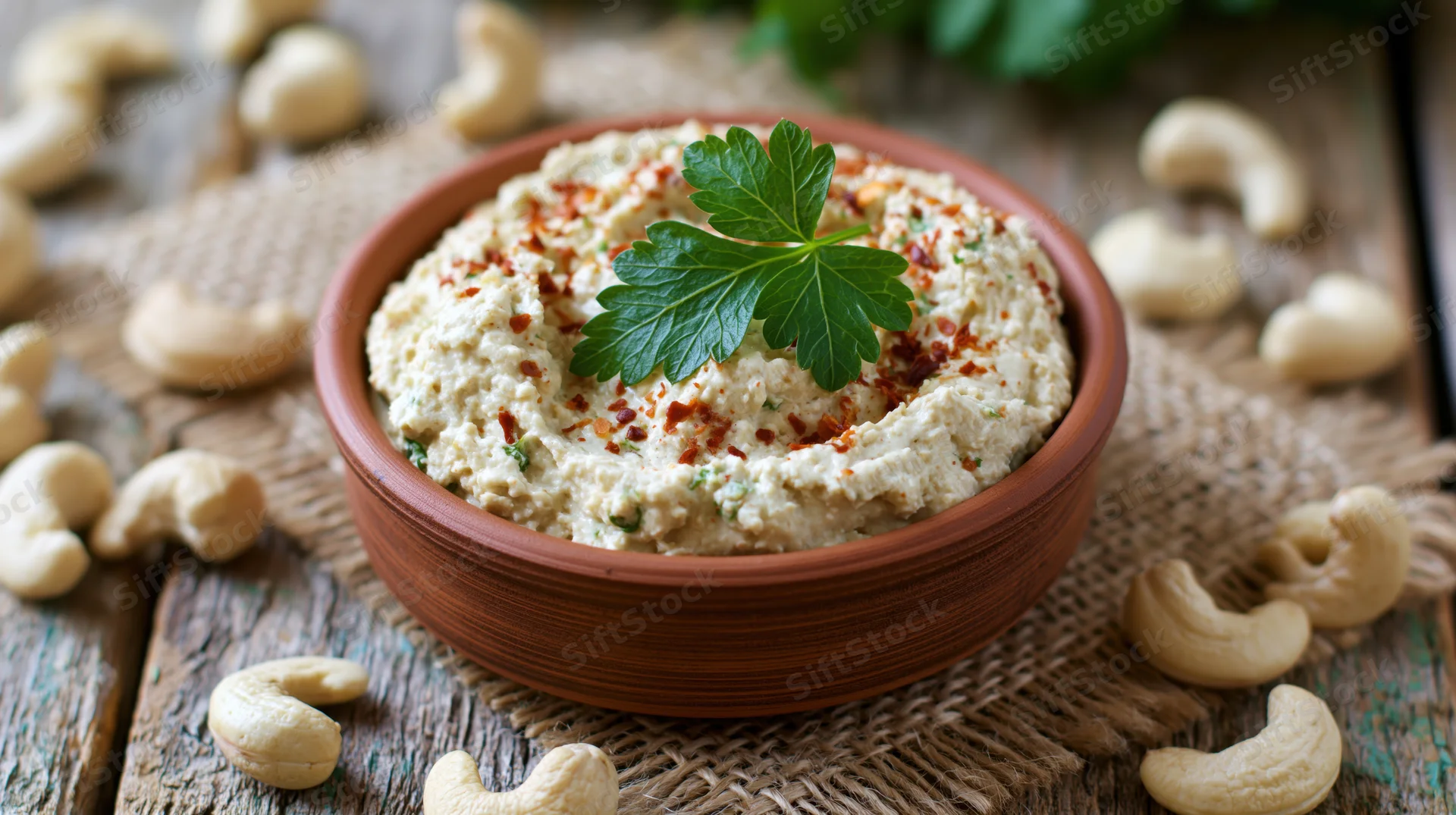 Cashew cream cheese in a terracotta bowl garnished with parsley and red pepper flakes on a wooden table with scattered cashews