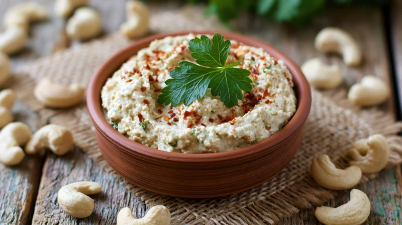 Cashew cream cheese in a terracotta bowl garnished with parsley and red pepper flakes on a wooden table with scattered cashews