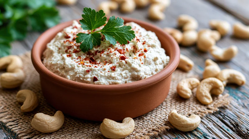 Cashew cream cheese in a terracotta bowl garnished with parsley and chili flakes on a wooden table with scattered cashews