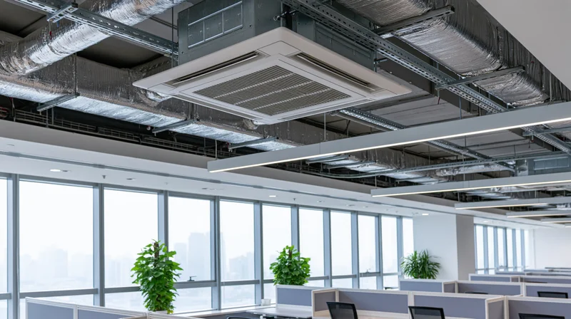Cassette-type ceiling air conditioning unit installed in a modern office interior with cubicles and large windows