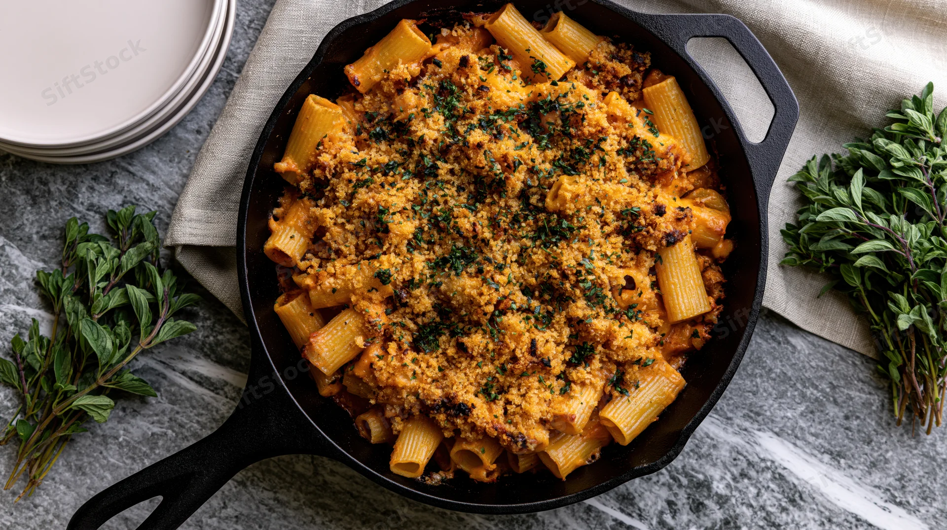 Baked rigatoni with breadcrumb topping in cast iron skillet on marble countertop