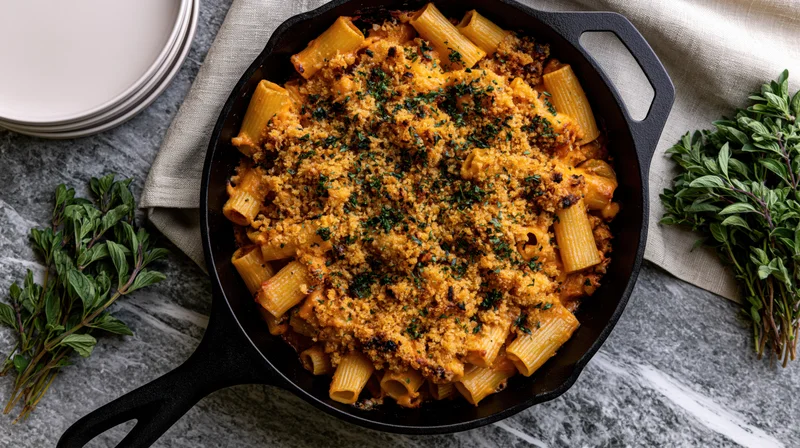 Baked rigatoni with breadcrumb topping in cast iron skillet on marble countertop