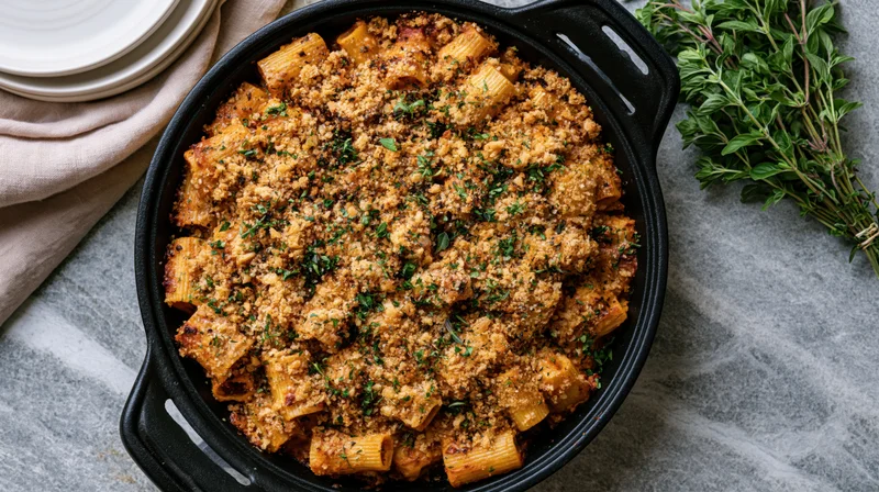 Baked rigatoni pasta with breadcrumb topping in a cast iron skillet on a marble countertop