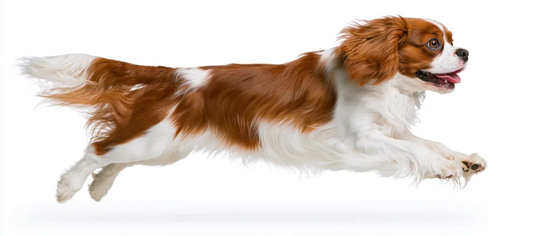 Cavalier king charles spaniel mid-leap with mouth open and tongue out against white background