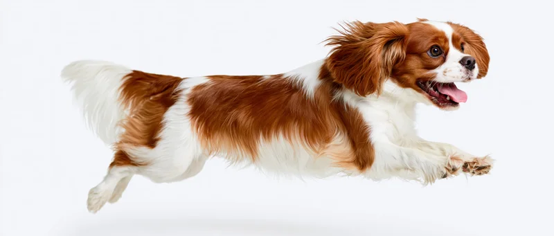 Cavalier king charles spaniel mid-leap with mouth open and tongue out against white background