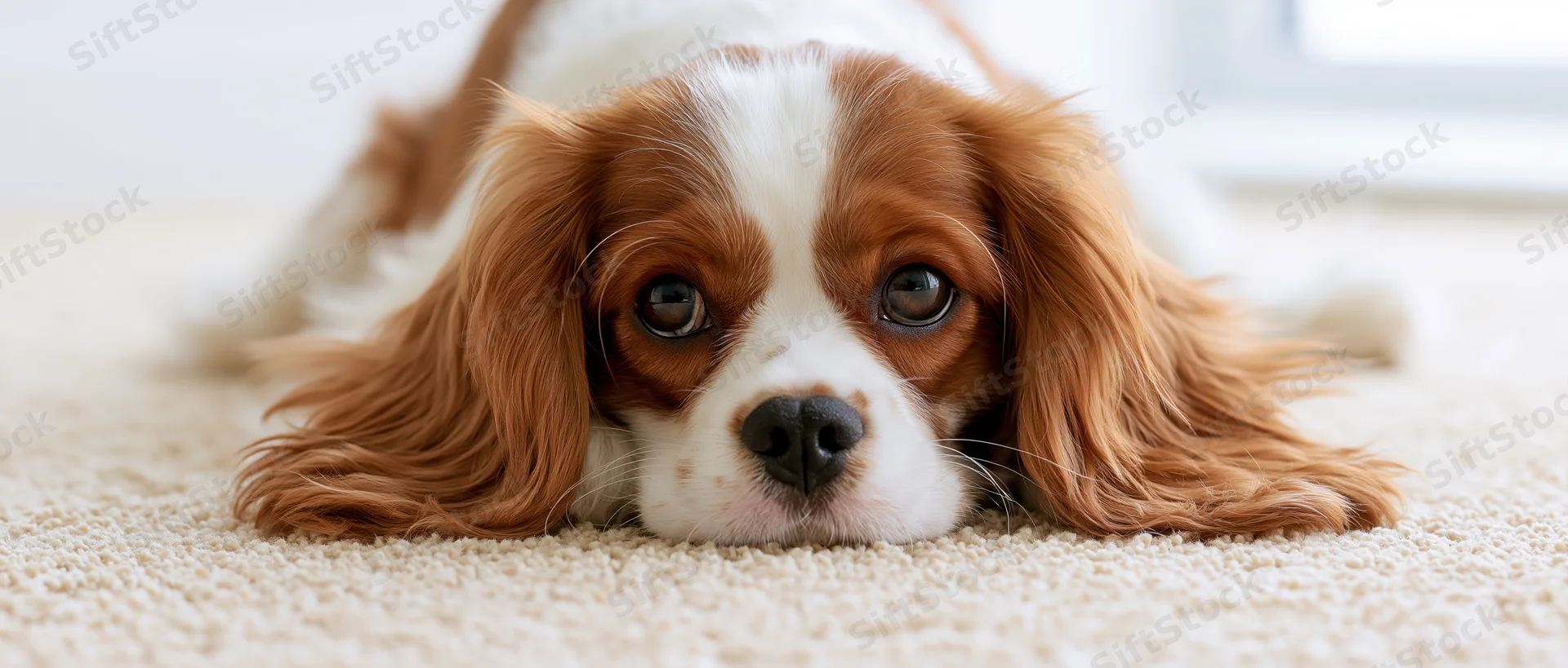 Cavalier king charles spaniel puppy lying flat on cream carpet indoors