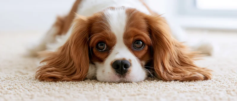 Cavalier king charles spaniel puppy lying flat on cream carpet indoors