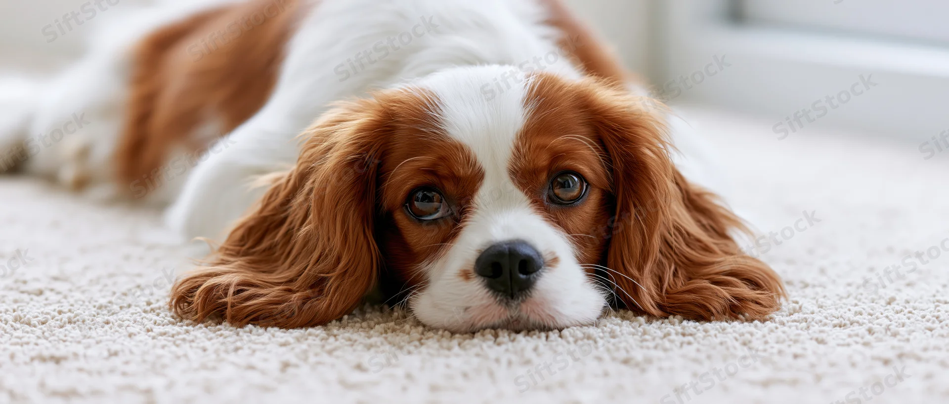 Cavalier king charles spaniel puppy lying flat on cream carpet indoors