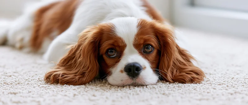 Cavalier king charles spaniel puppy lying flat on cream carpet indoors