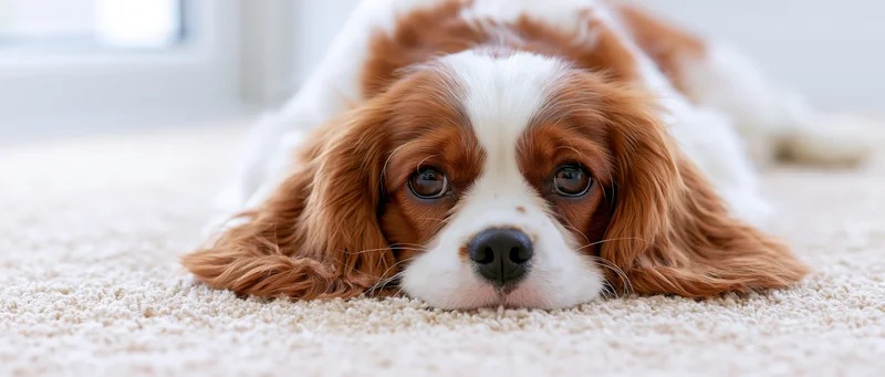 Cavalier king charles spaniel puppy lying flat on cream carpet indoors