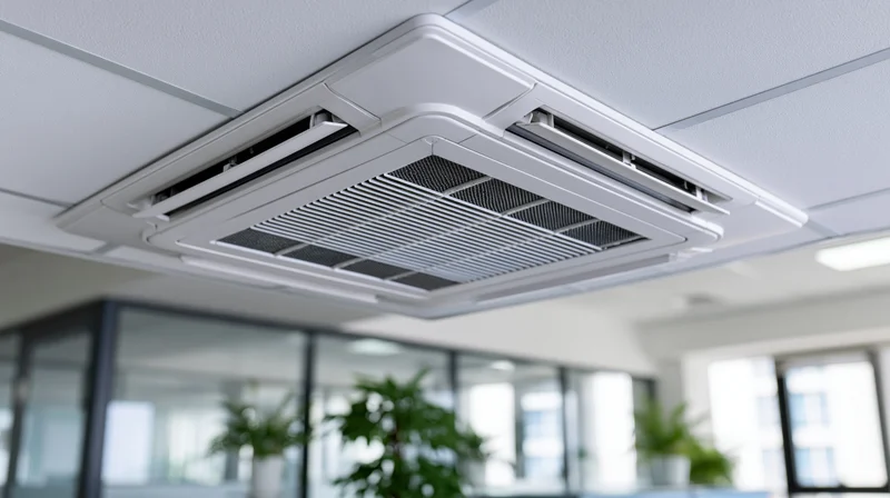 Ceiling-mounted cassette air conditioning unit in an office interior