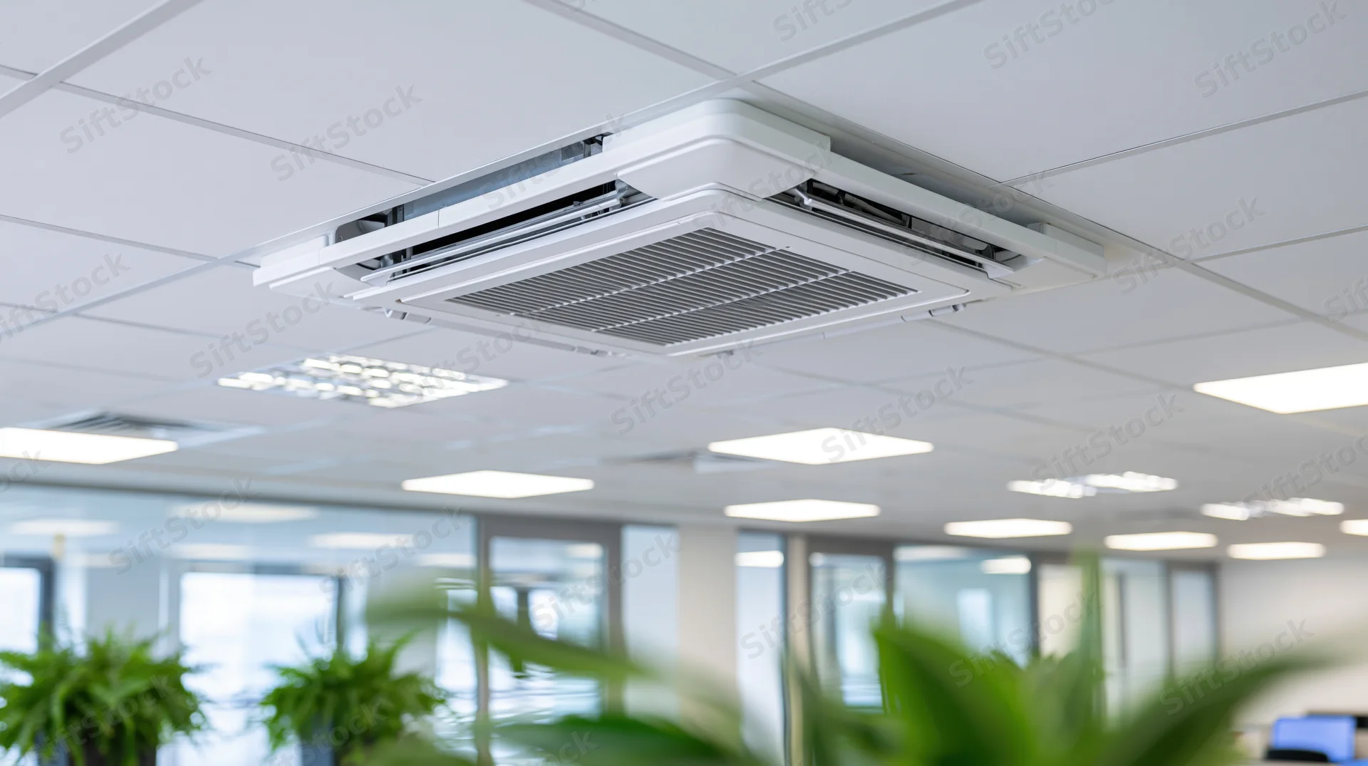 Ceiling-mounted cassette air conditioning unit in an office interior with green plants and fluorescent lighting