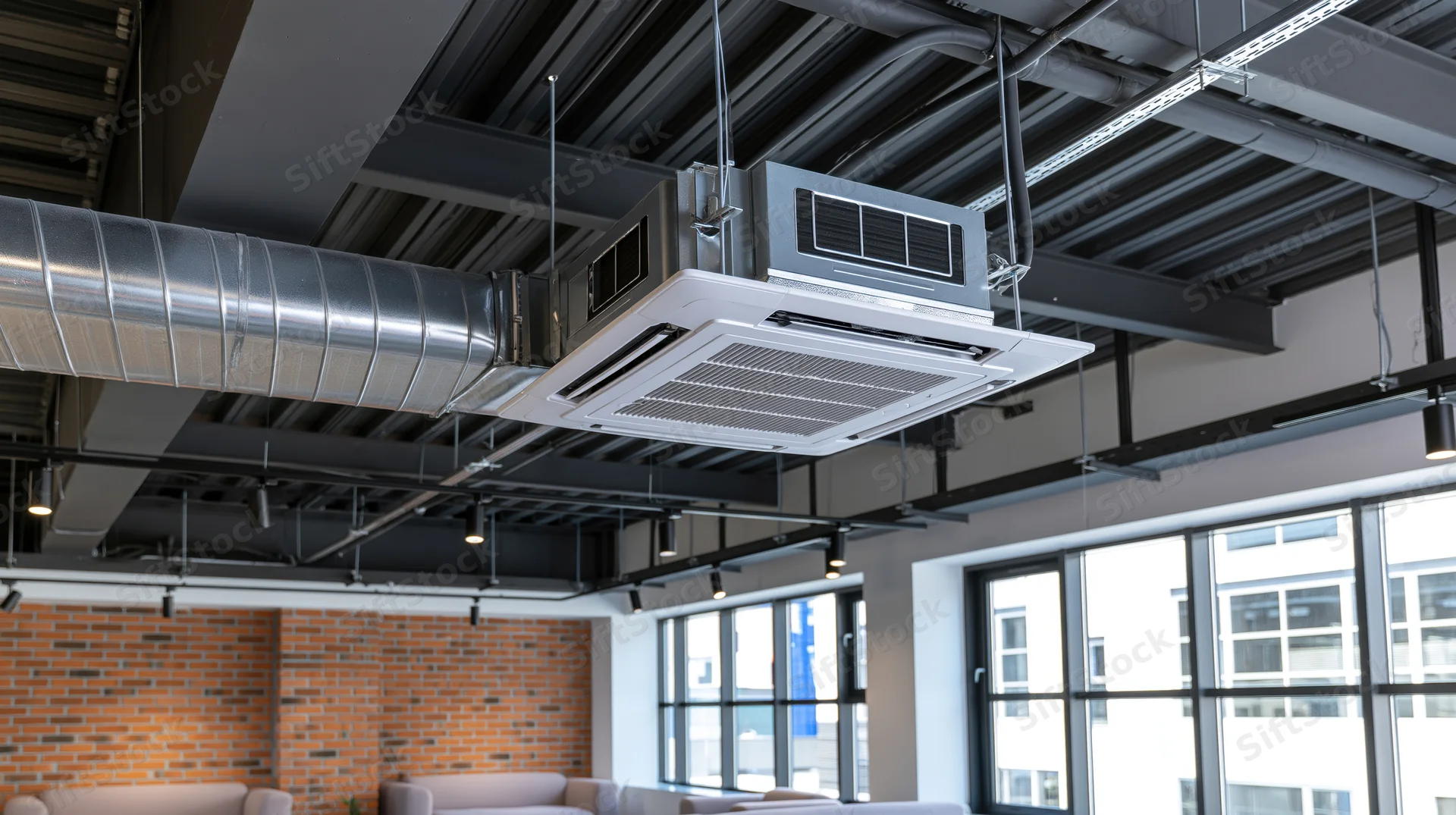 Ceiling-mounted cassette air conditioning unit installed in a modern office interior with exposed ductwork and brick walls