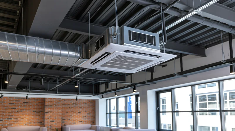 Ceiling-mounted cassette air conditioning unit installed in a modern office interior with exposed ductwork and brick walls