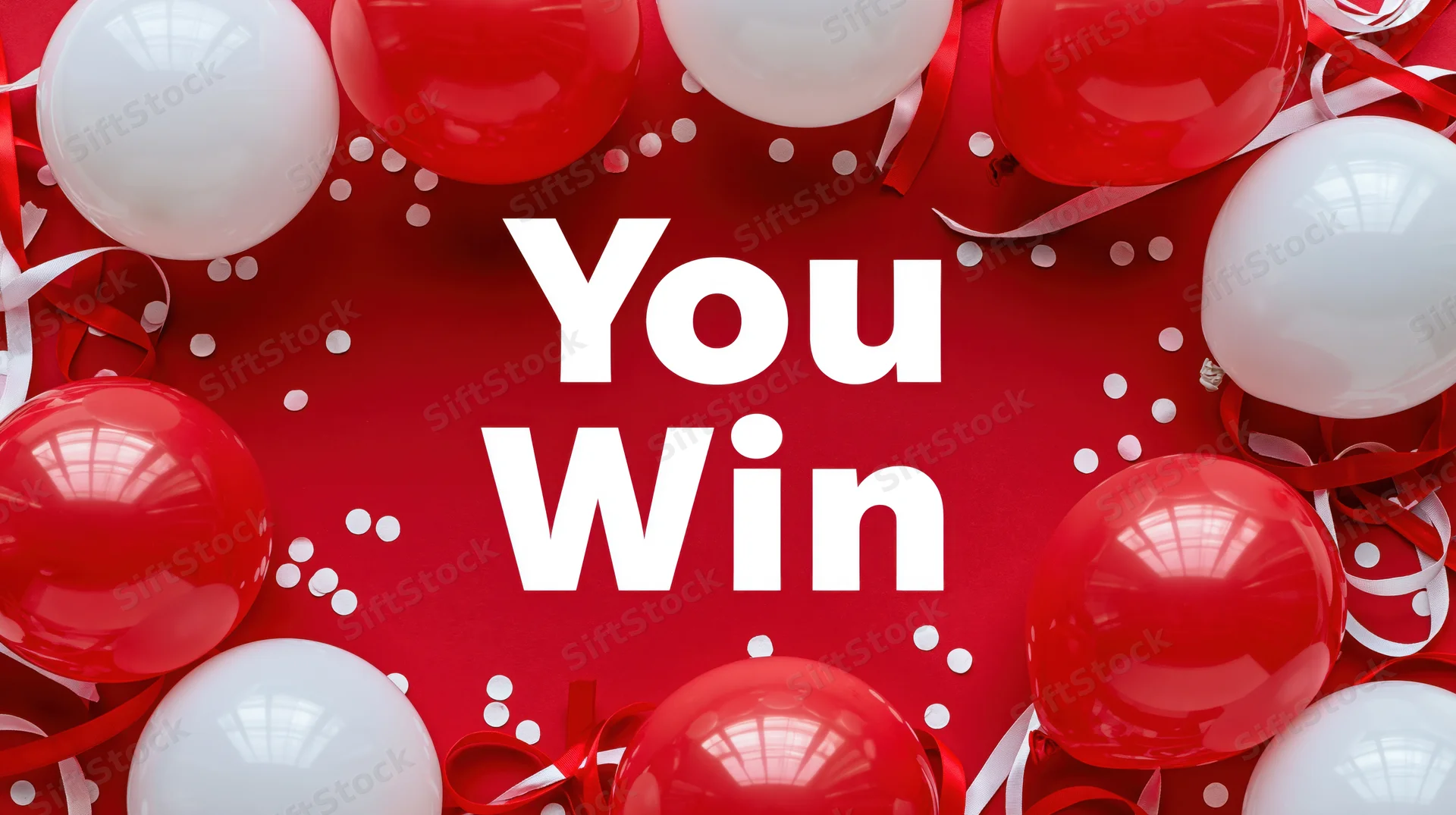 Bold white You Win text centered on red background surrounded by red and white balloons and confetti