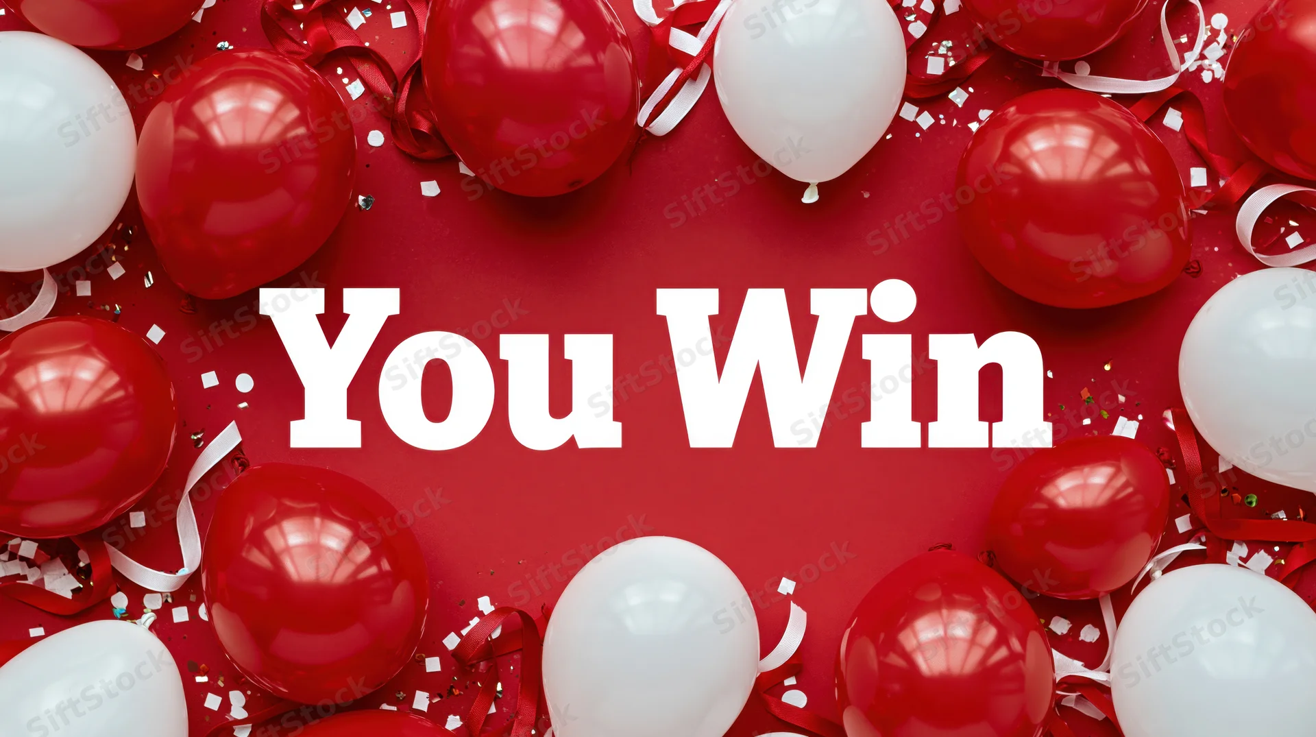 Bold white You Win text centered on red background surrounded by red and white balloons and confetti