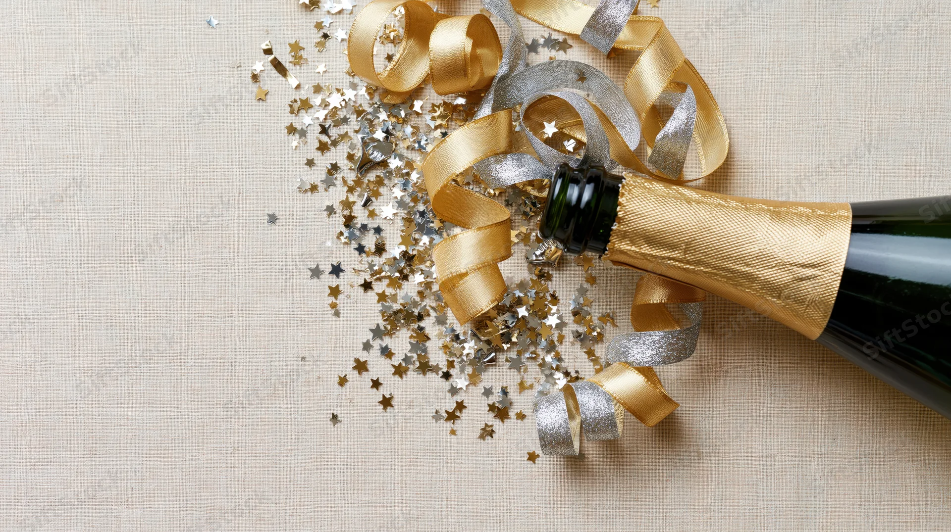 Champagne bottle lying on its side with gold and silver ribbons and star-shaped confetti on a beige linen surface