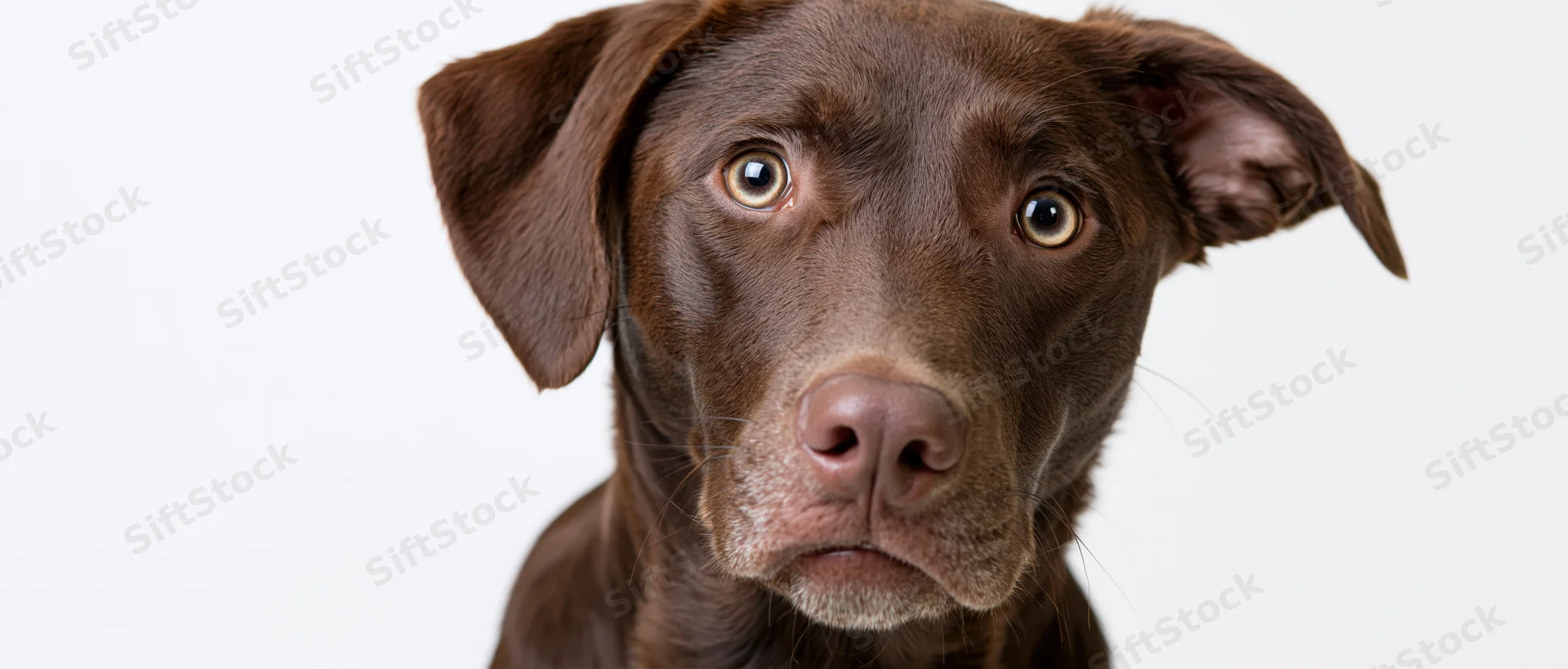 Chocolate labrador mix dog tilting head sideways with floppy ears against white background