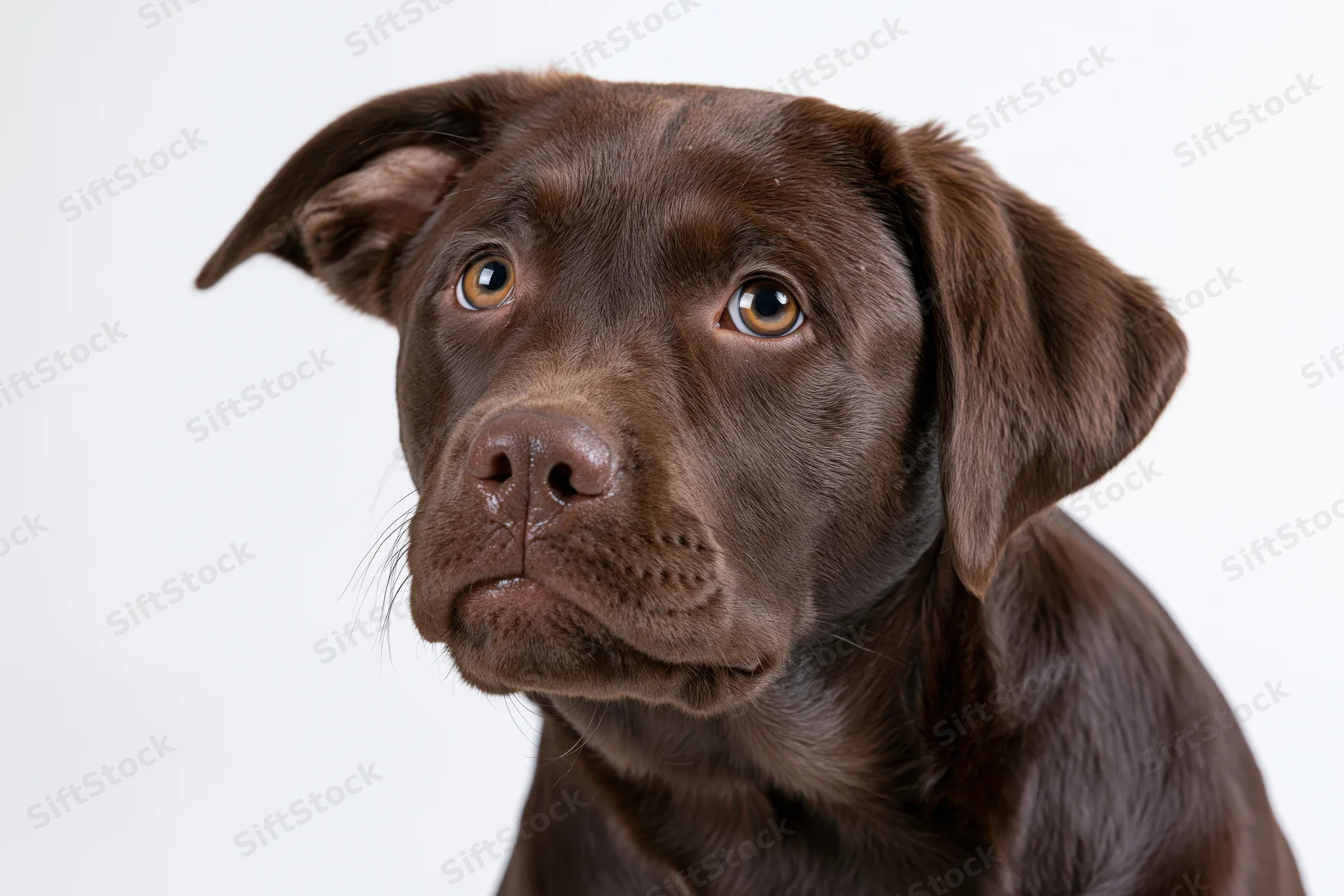 Chocolate labrador puppy tilting head with one ear raised against white background