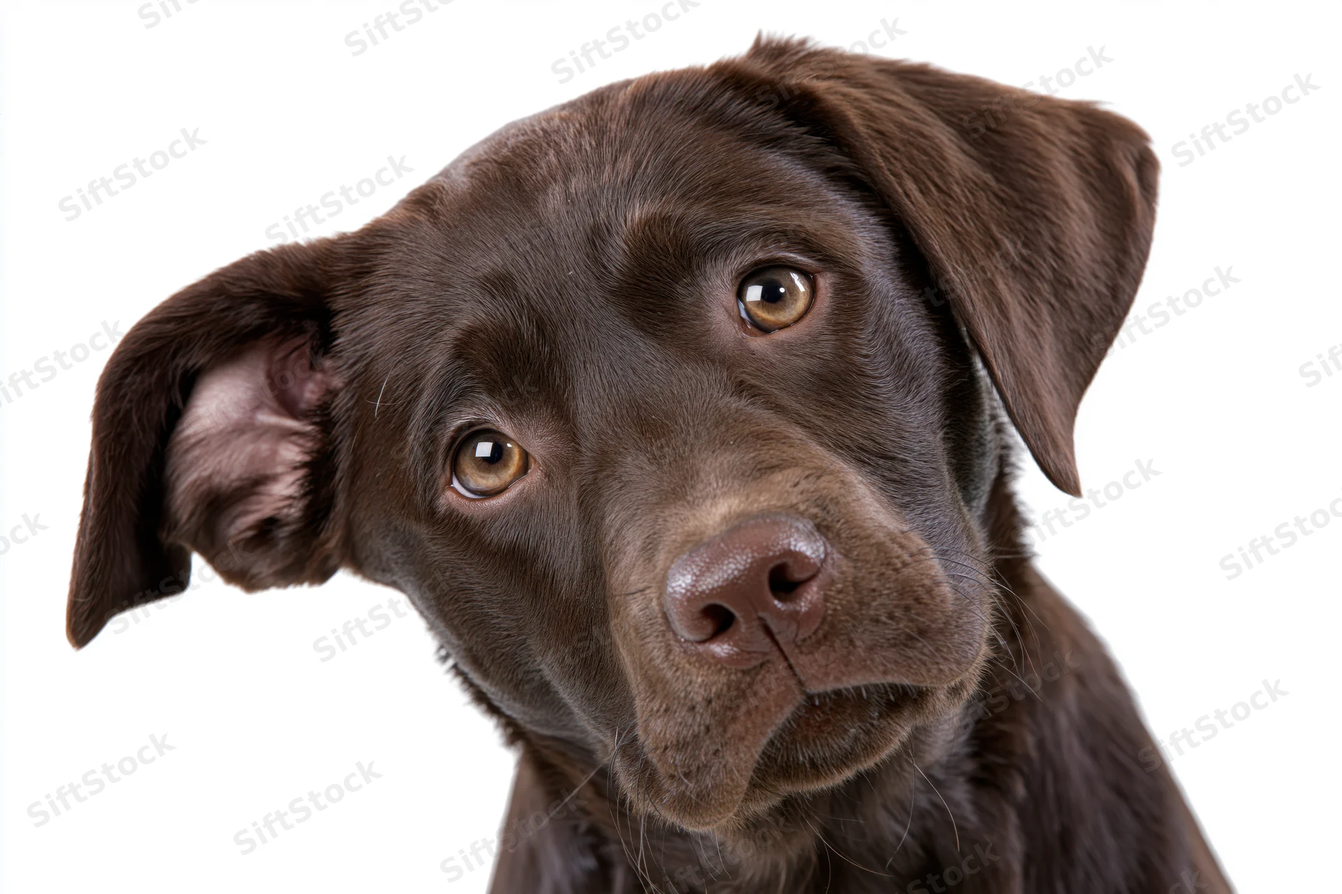 Chocolate labrador puppy tilting head curiously against white background