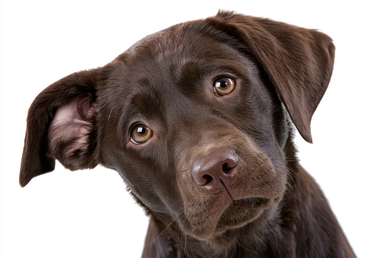 Chocolate labrador puppy tilting head curiously against white background