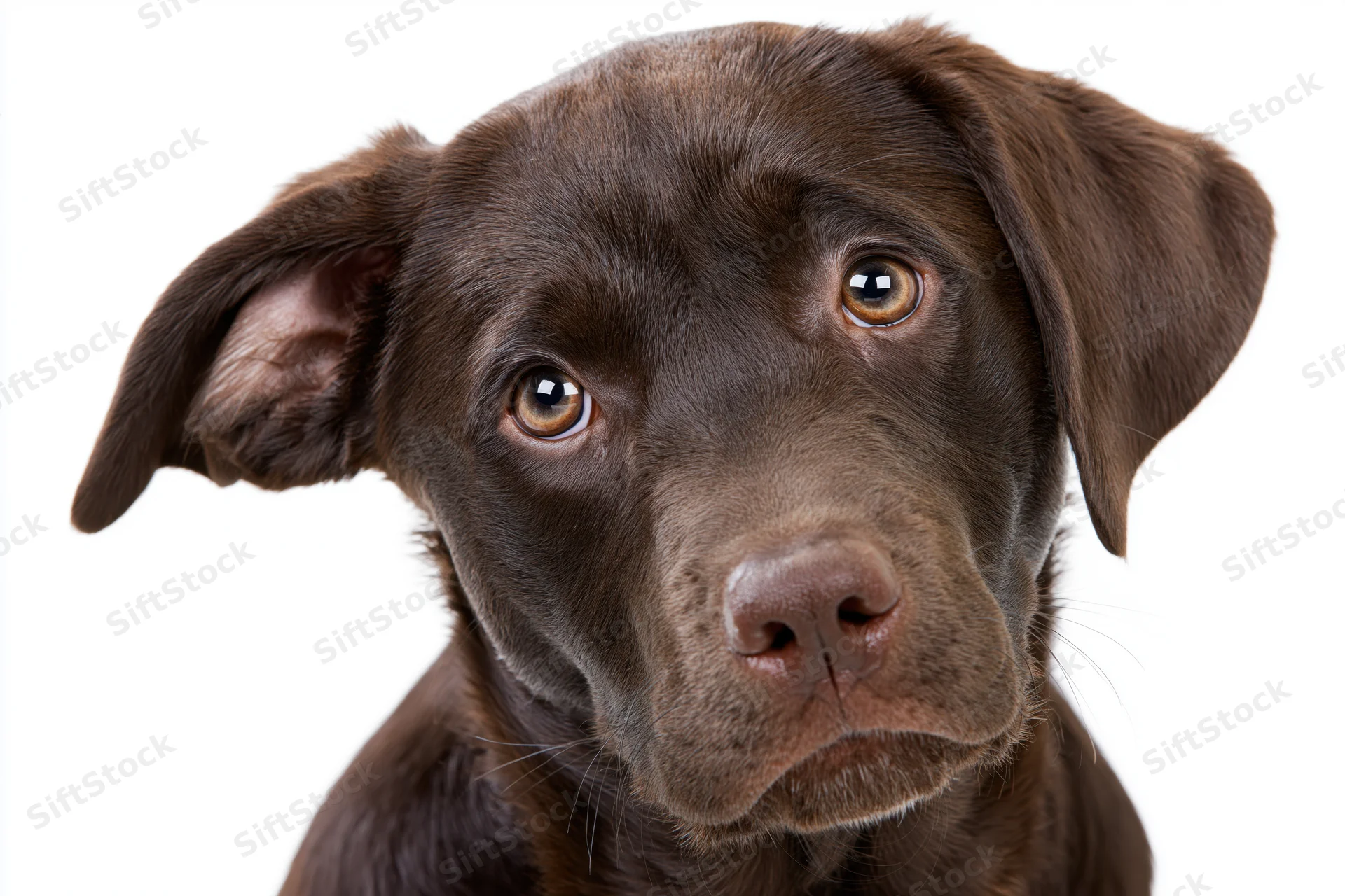 Chocolate labrador puppy tilting head curiously against white background