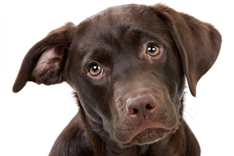 Chocolate labrador puppy tilting head curiously against white background