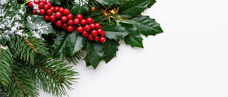 Holly branches with red berries and pine sprigs on white background