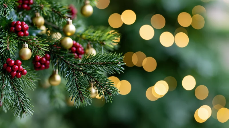 Christmas tree branches with gold baubles and red holly berries against blurred warm lights