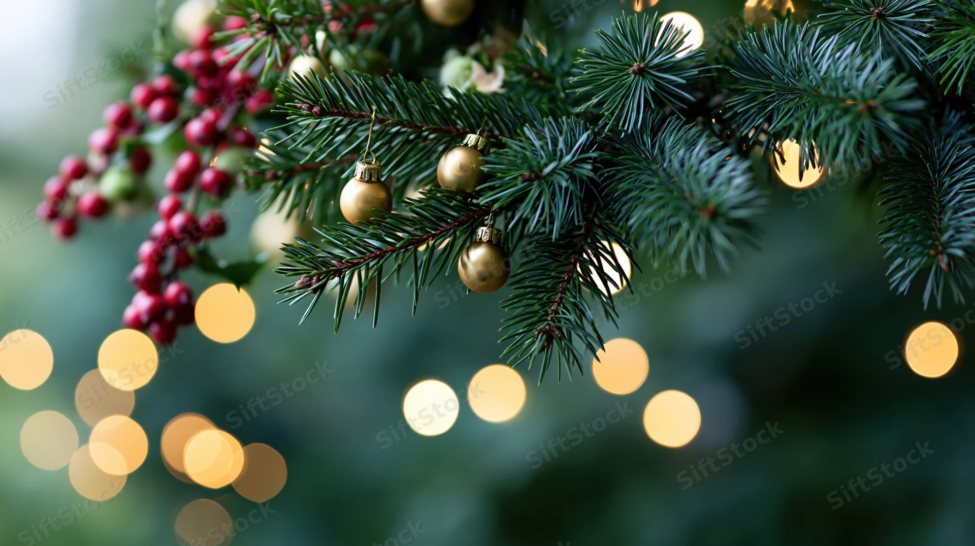 Close-up of christmas tree branches with gold baubles and red holly berries, blurred lights in background
