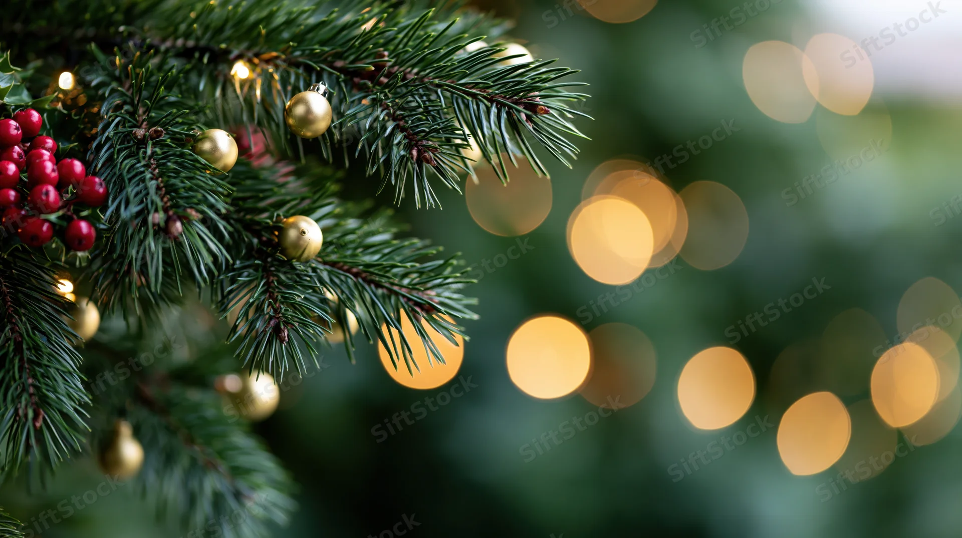 Christmas tree branches with gold baubles and red holly berries against blurred warm lights