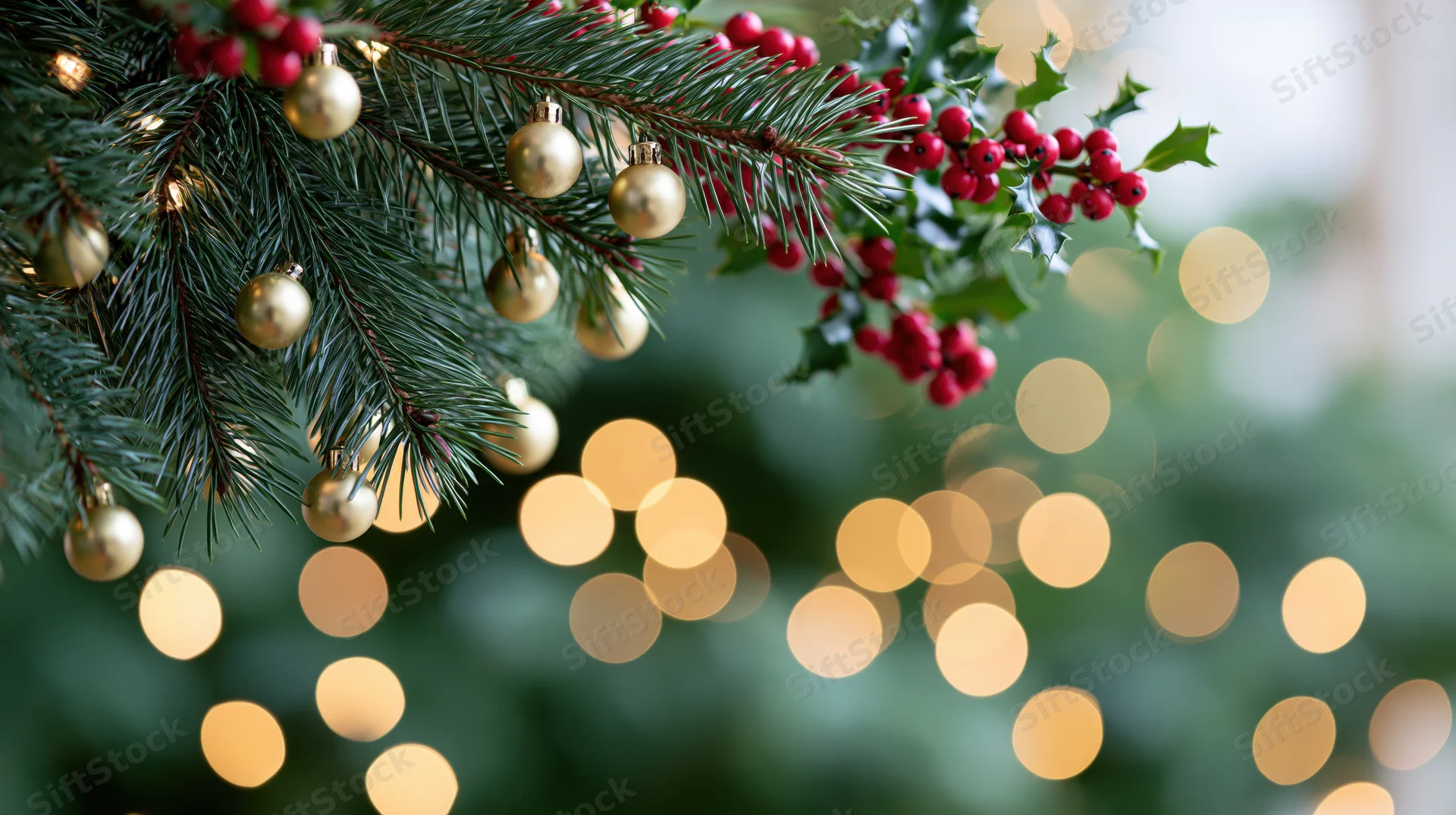 Christmas tree branches decorated with gold baubles and red holly berries against blurred warm lights background