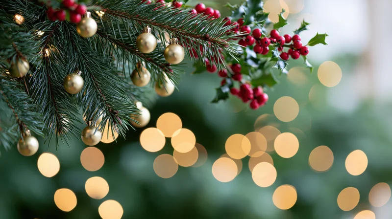 Christmas tree branches decorated with gold baubles and red holly berries against blurred warm lights background