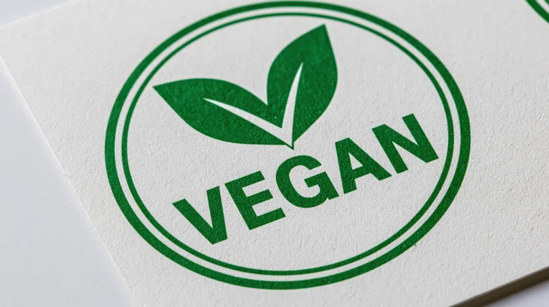 Circular green vegan certification badge printed on white textured paper