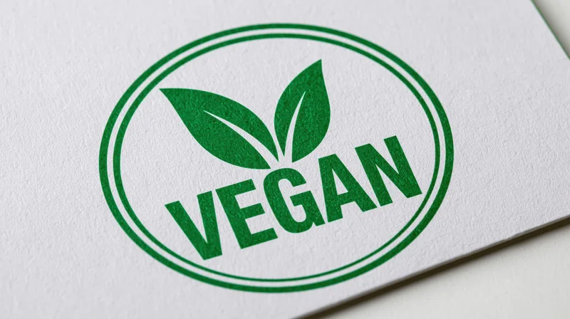 Circular green vegan certification badge printed on white paper
