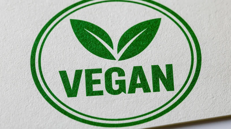 Circular green vegan certification badge printed on textured white paper