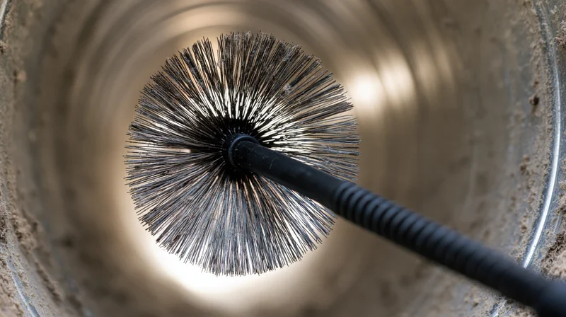 Wire brush with black plastic rod inserted into a cylindrical metal pipe interior