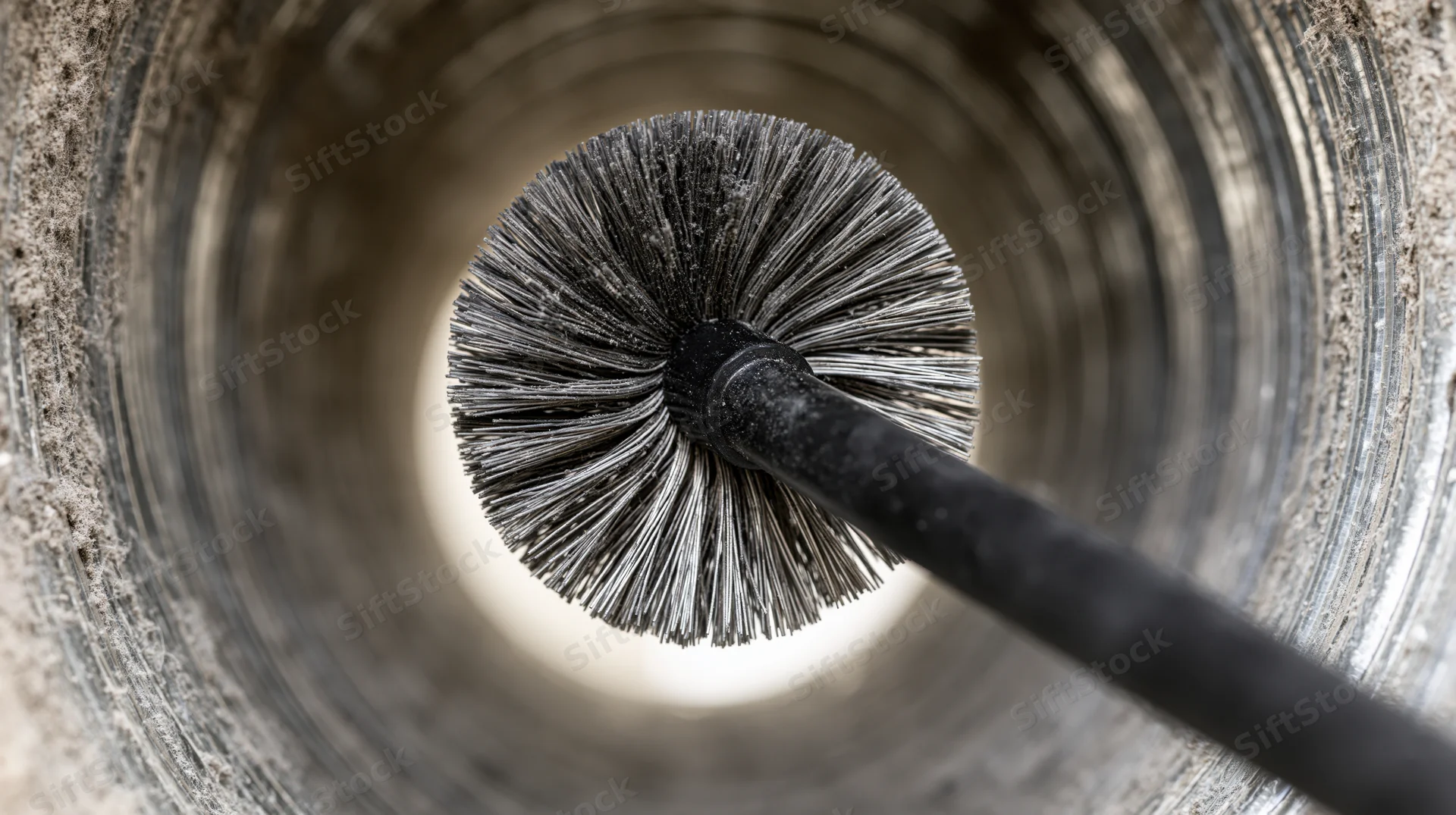 Wire brush inserted into a cylindrical metal pipe interior for cleaning