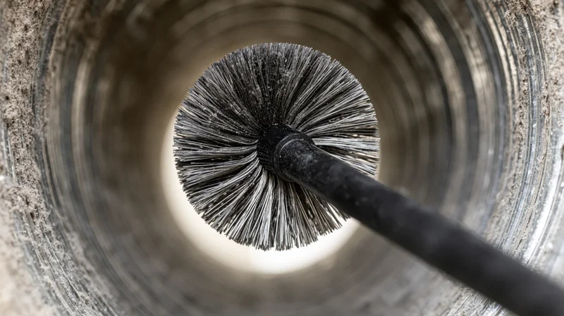 Wire brush inserted into a cylindrical metal pipe interior for cleaning