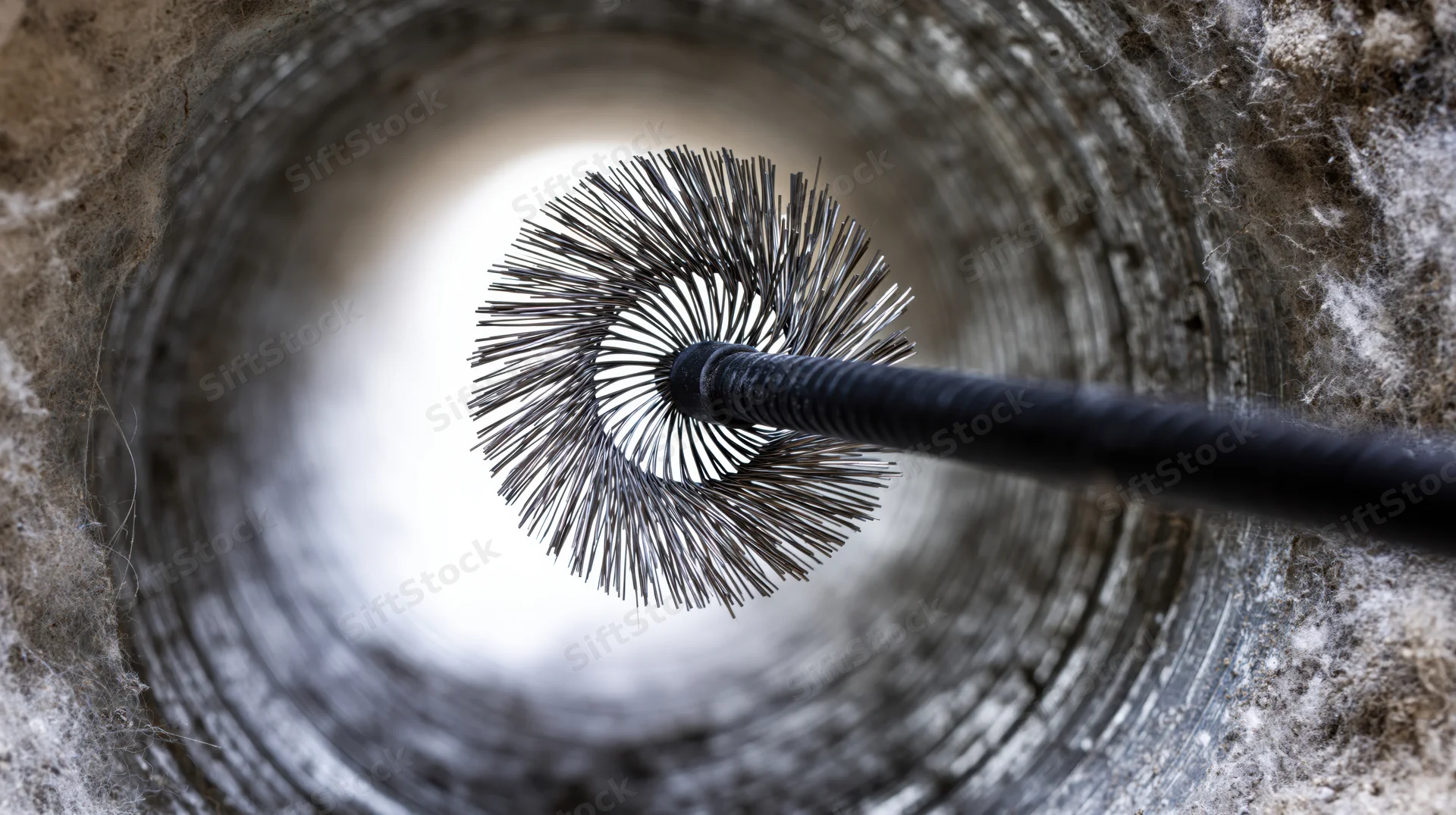 Wire brush inserted into a dirty pipe tunnel viewed from inside