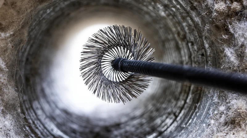 Wire brush inserted into a dirty pipe tunnel viewed from inside