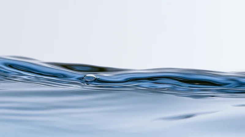 Close-up of a calm water surface with a single droplet and gentle ripples against a light background