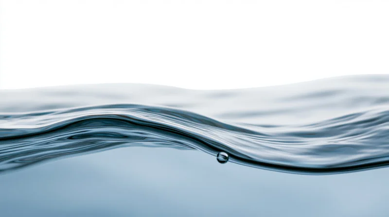 Close-up of a calm water surface with a small droplet and gentle wave against a white background