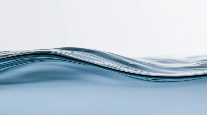 Close-up of a rippling water surface with a smooth wave and subtle reflection against a light background