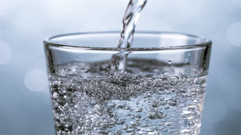 Water being poured into a clear glass, creating bubbles and ripples, on a light blue background