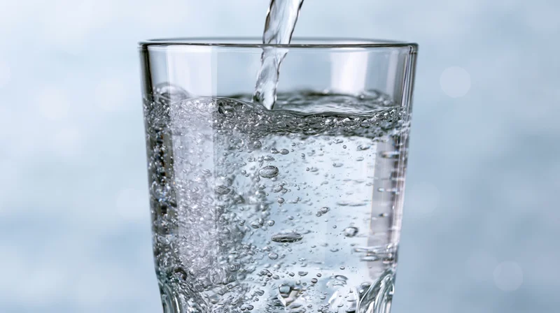 Water being poured into a clear drinking glass with bubbles rising, on a light blue background