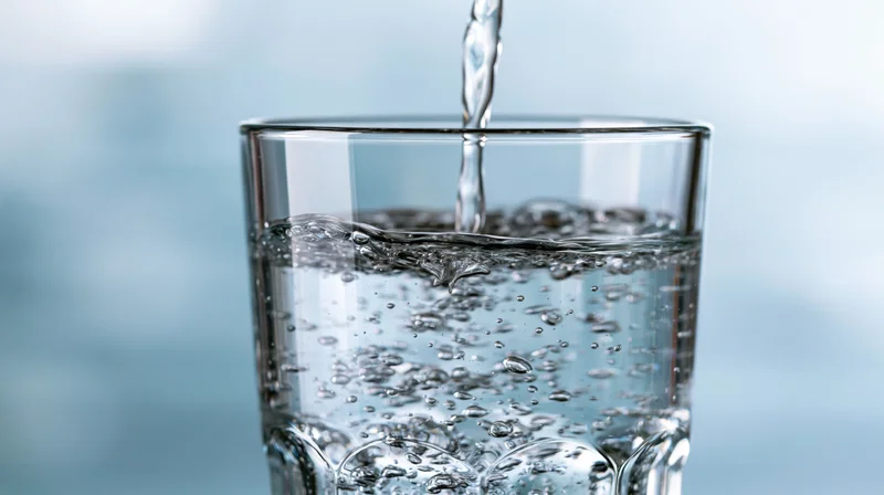 Water being poured into a clear drinking glass against a light blue background