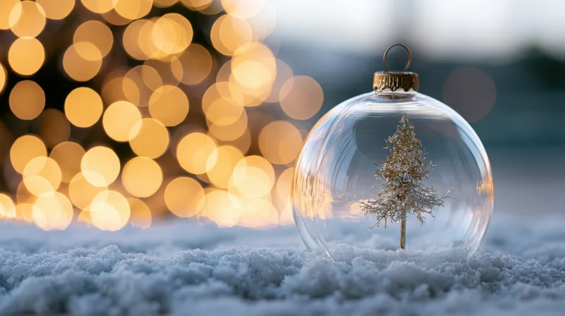 Clear glass christmas ornament with miniature tree inside resting on snow with blurred golden lights behind
