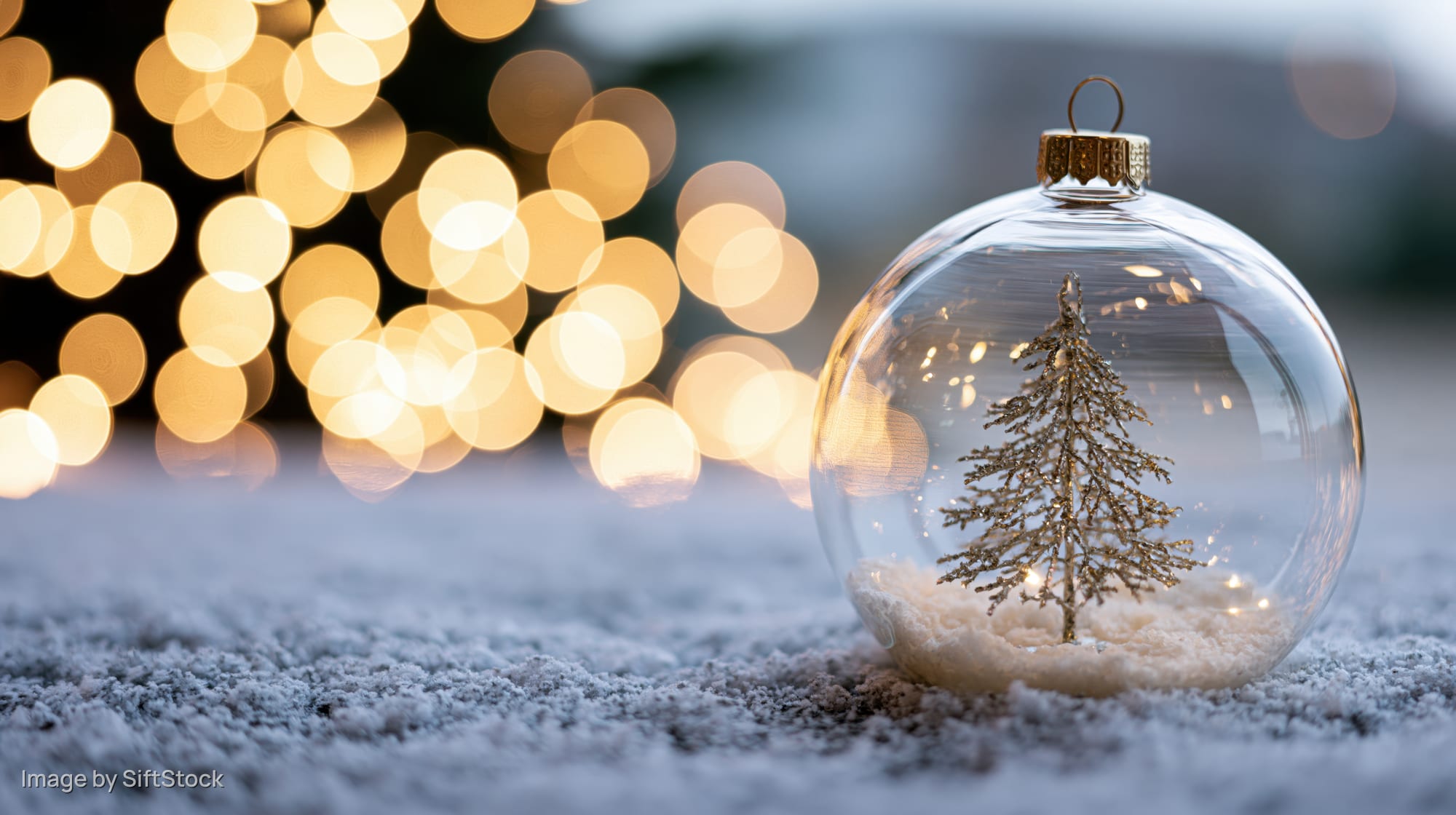 Clear glass christmas ornament with small tree inside resting on snowy ground near glowing lights